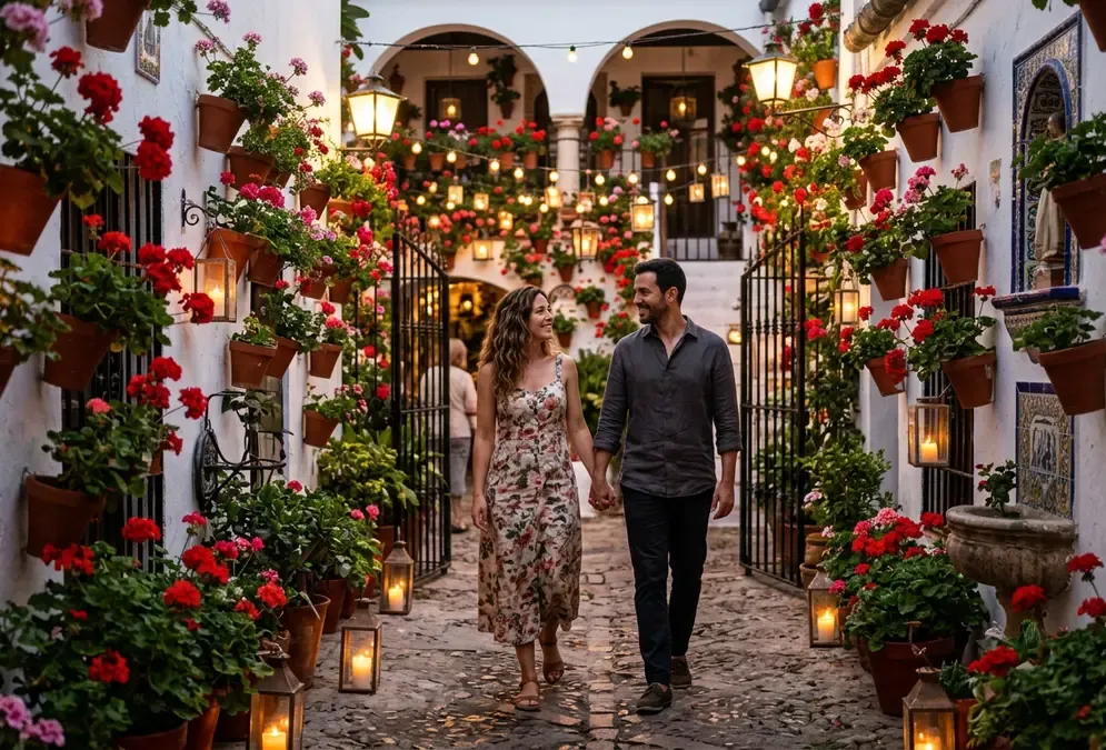 Couple walking through a candlelit Cordovan patio at dusk with red geraniums on whitewashed walls