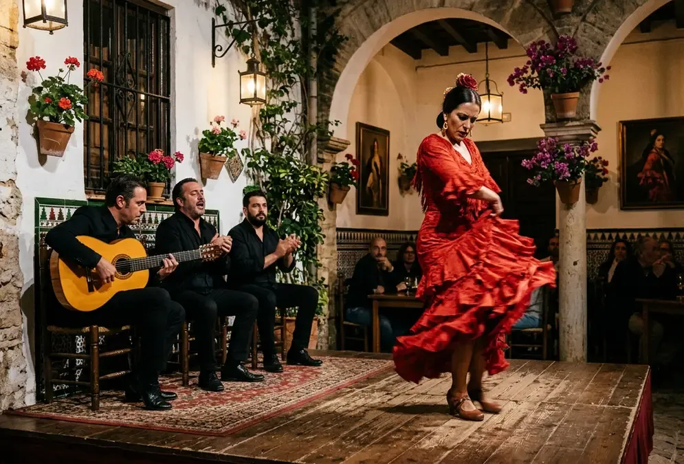 Flamenco dancer performing at a historic tablao in Córdoba