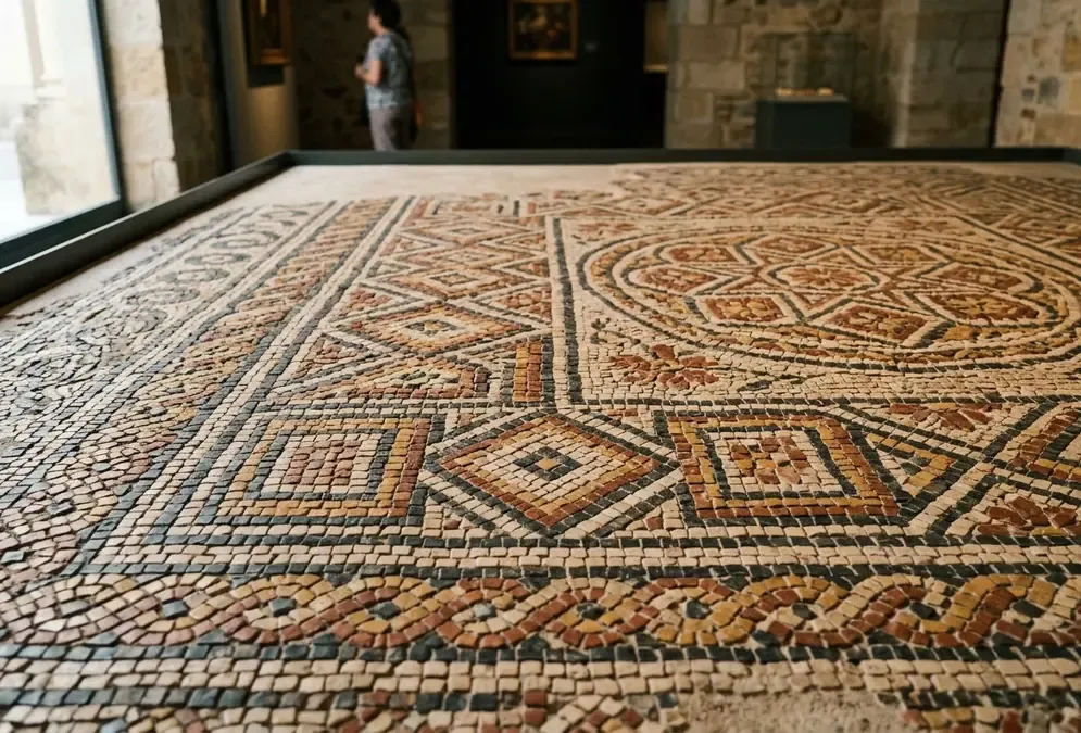 Roman mosaic detail at the Museo Arqueológico de Córdoba with geometric patterns in red and ochre