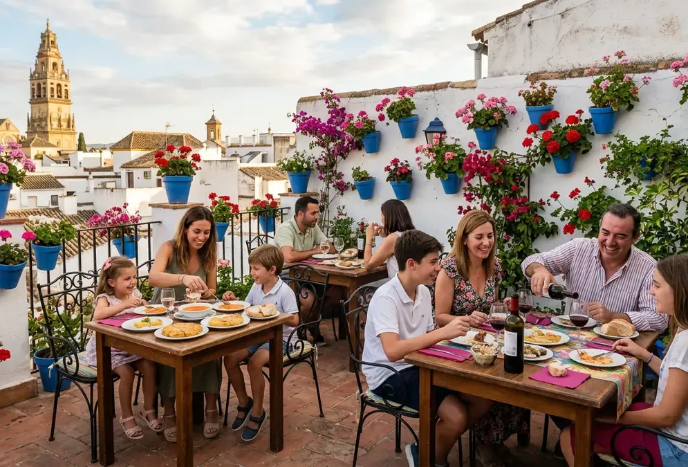 Families dining on a Córdoba terrace with whitewashed walls and potted geraniums