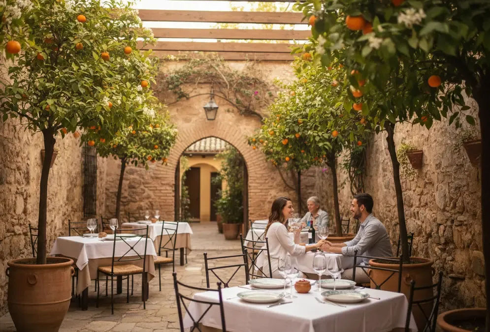 Intimate restaurant terrace in Córdoba's Jewish quarter with ancient stone walls and orange trees