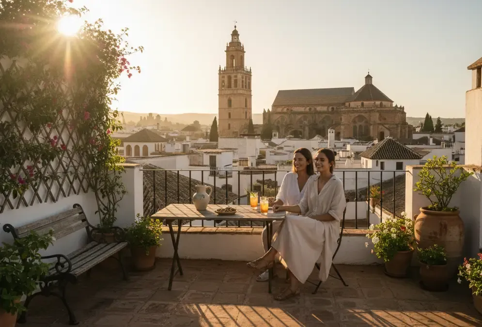 Sun-drenched rooftop terrace in Córdoba with views of the Mezquita tower at golden hour