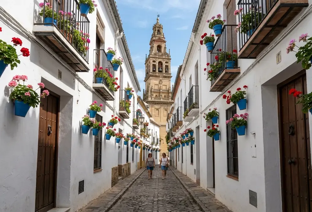 Cobblestone alley in Córdoba's historic centre with the Mezquita bell tower at the end of the street