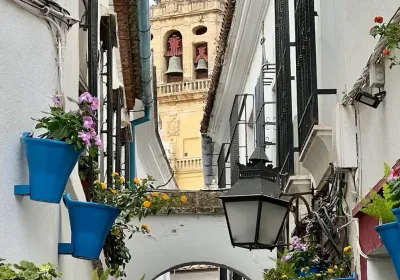 Calleja de las Flores in Córdoba with whitewashed walls, geraniums, and the Mezquita-Catedral bell tower