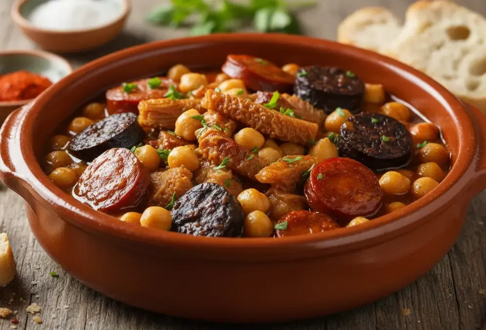 Callos Cordobeses served in a clay pot — tripe stew with chickpeas, chorizo and morcilla