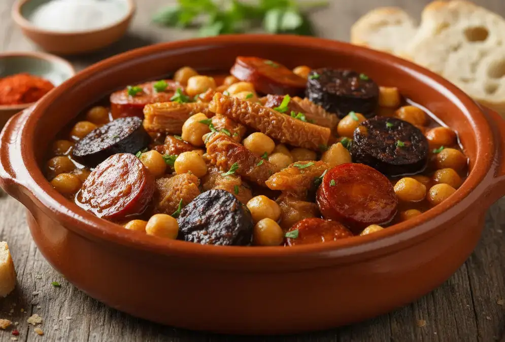 Callos Cordobeses served in a clay pot — tripe stew with chickpeas, chorizo and morcilla