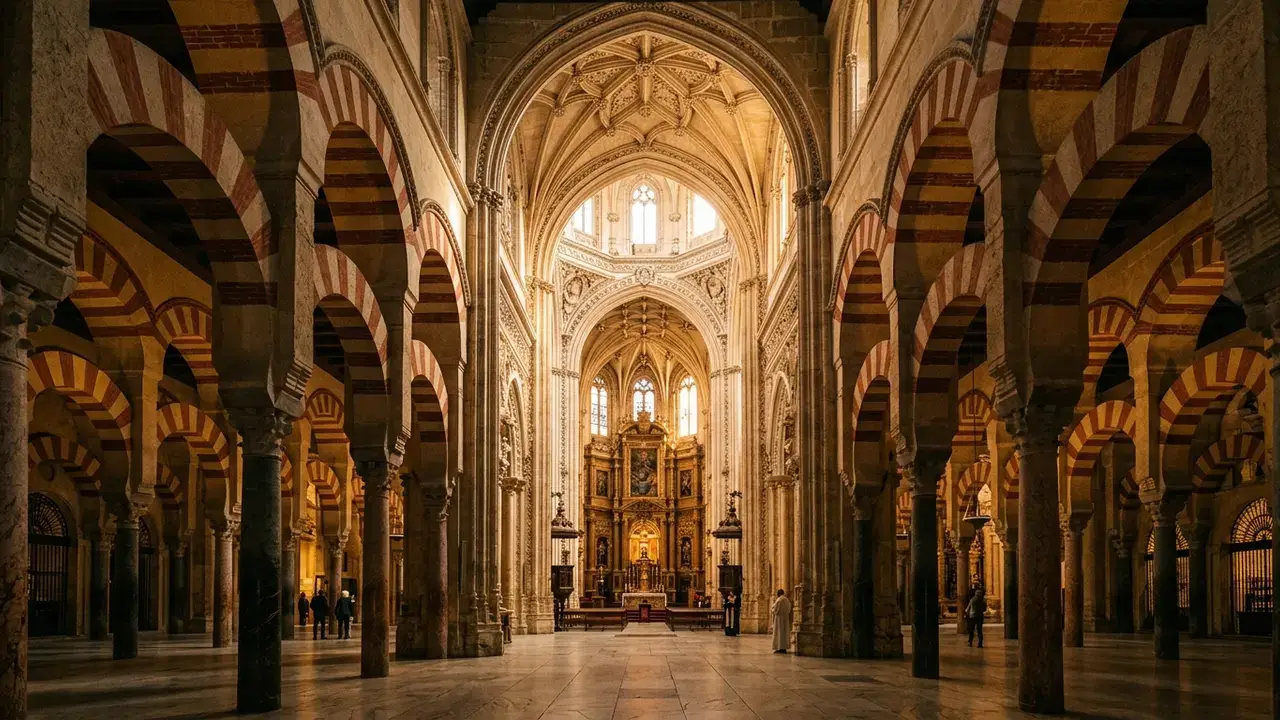 Interior of the Mezquita-Catedral of Córdoba at golden hour, the red-and-white striped horseshoe arches of the Umayyad mosque receding into shadow on either side while the Renaissance cathedral nave of charles v mezquita 1523 rises through the centre in warm stone, columns in foreground