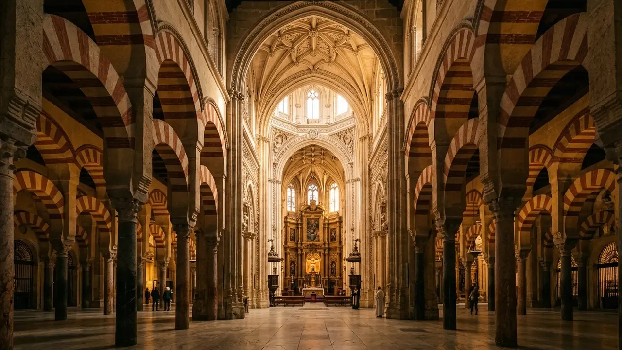 Interior of the Mezquita-Catedral of Córdoba at golden hour, the red-and-white striped horseshoe arches of the Umayyad mosque receding into shadow on either side while the Renaissance cathedral nave of charles v mezquita 1523 rises through the centre in warm stone, columns in foreground