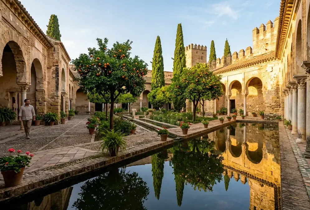 Interior courtyard of the Alcázar de los Reyes Cristianos in Córdoba at golden hour, stone columns and orange trees reflected in still water channels, the site where columbus cordoba audiences with the Catholic Monarchs took place in 1486