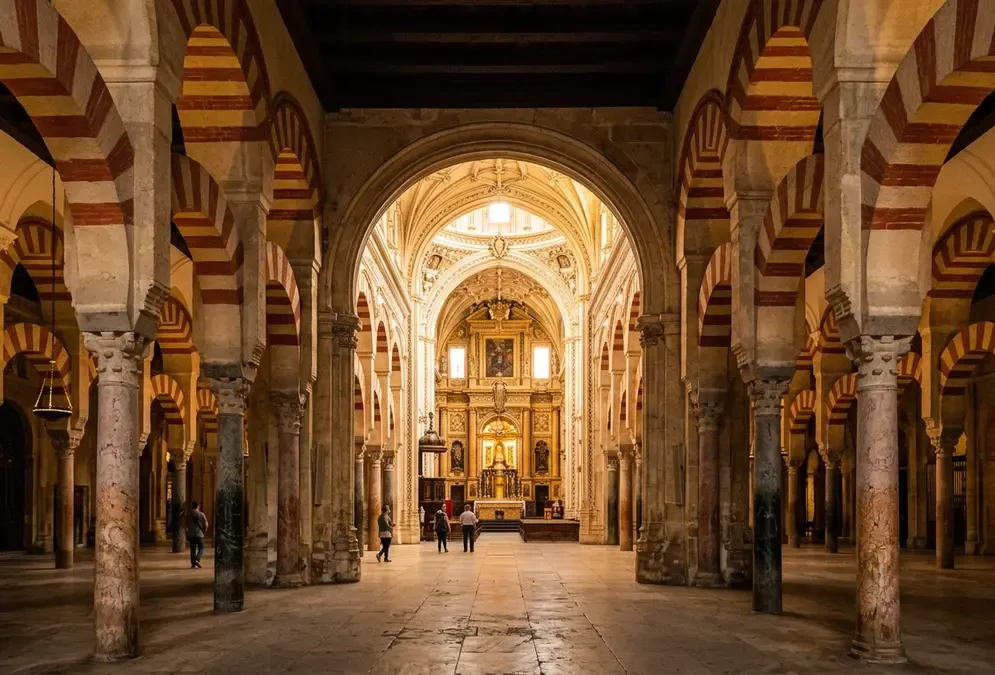 Interior of the Mezquita-Catedral of Córdoba, symbol of convivencia in medieval Córdoba, showing red-and-white striped double arches of jasper and marble receding into shadow, the Renaissance cathedral nave visible in the background, photorealistic golden-hour light