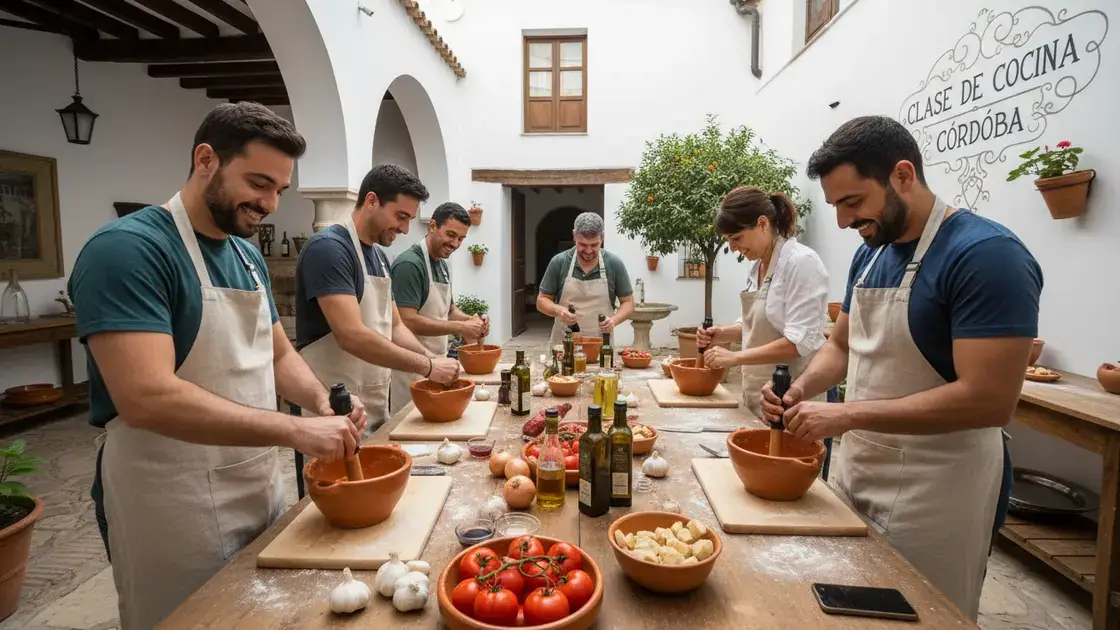 Participants preparing salmorejo in a cooking class in Córdoba, Spain