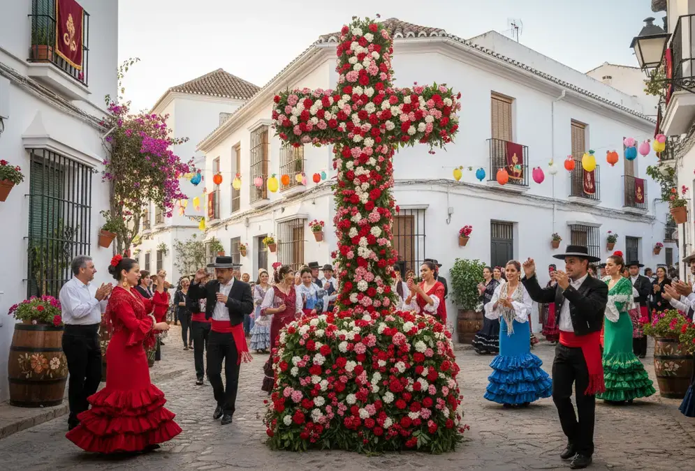 Flower-adorned cross in Córdoba's San Basilio neighbourhood during Cruces de Mayo festival