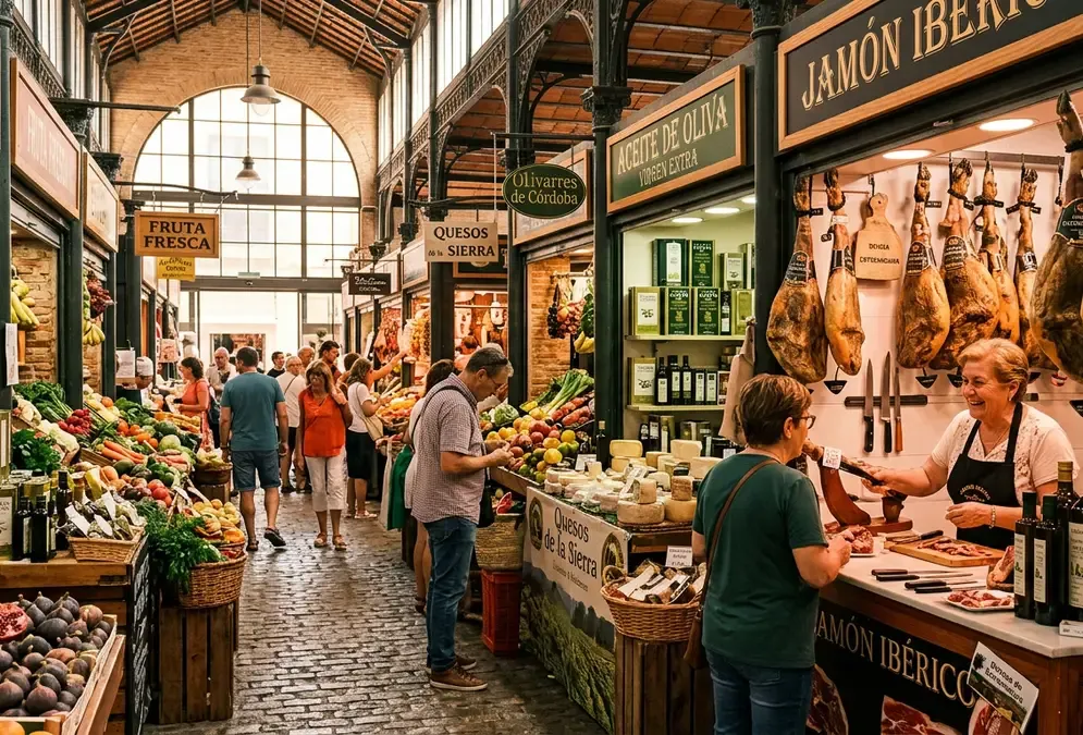 Vibrant indoor food market in Córdoba, Spain — stalls with local produce, jamón, olive oil