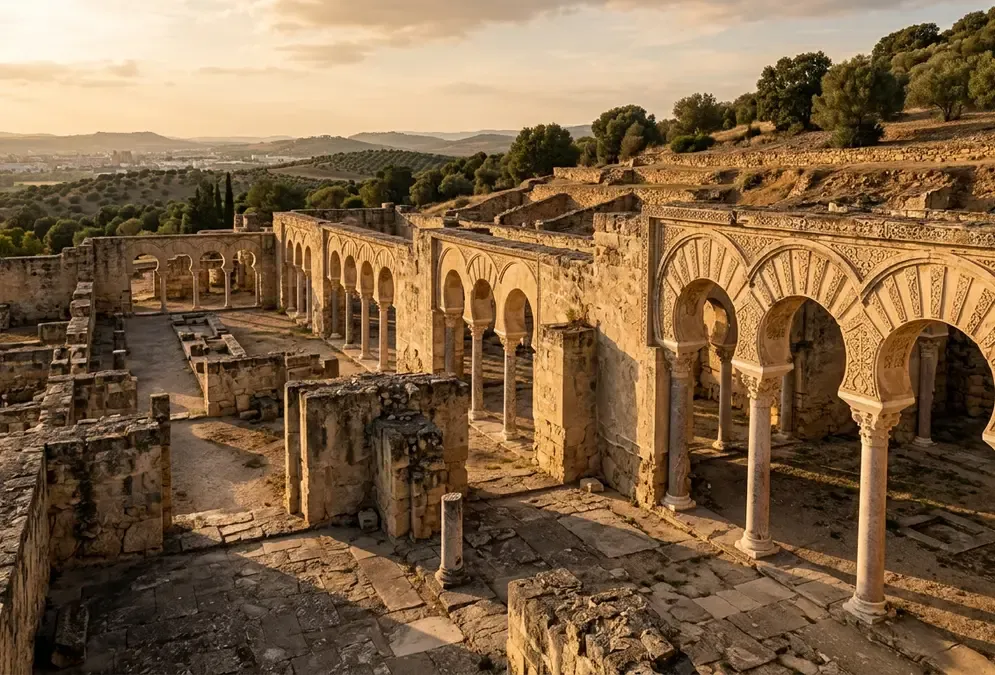 Medina Azahara archaeological site near Córdoba at golden hour, excavated stone colonnades and carved capitals from the Umayyad Caliphate, ruins of the fall of the córdoba caliphate