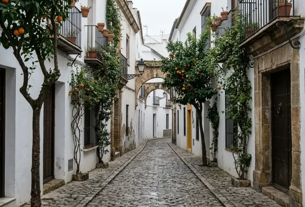 Córdoba in January — empty cobblestone streets of the Judería in soft winter light