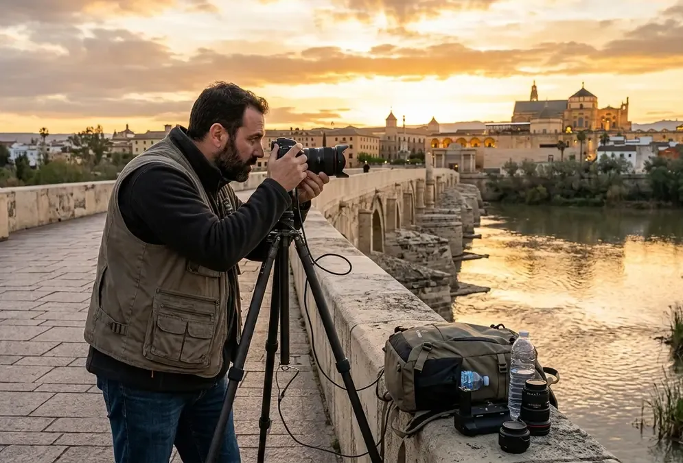 Photographer at the Roman Bridge at sunrise, Córdoba — golden light reflecting on the Guadalquivir