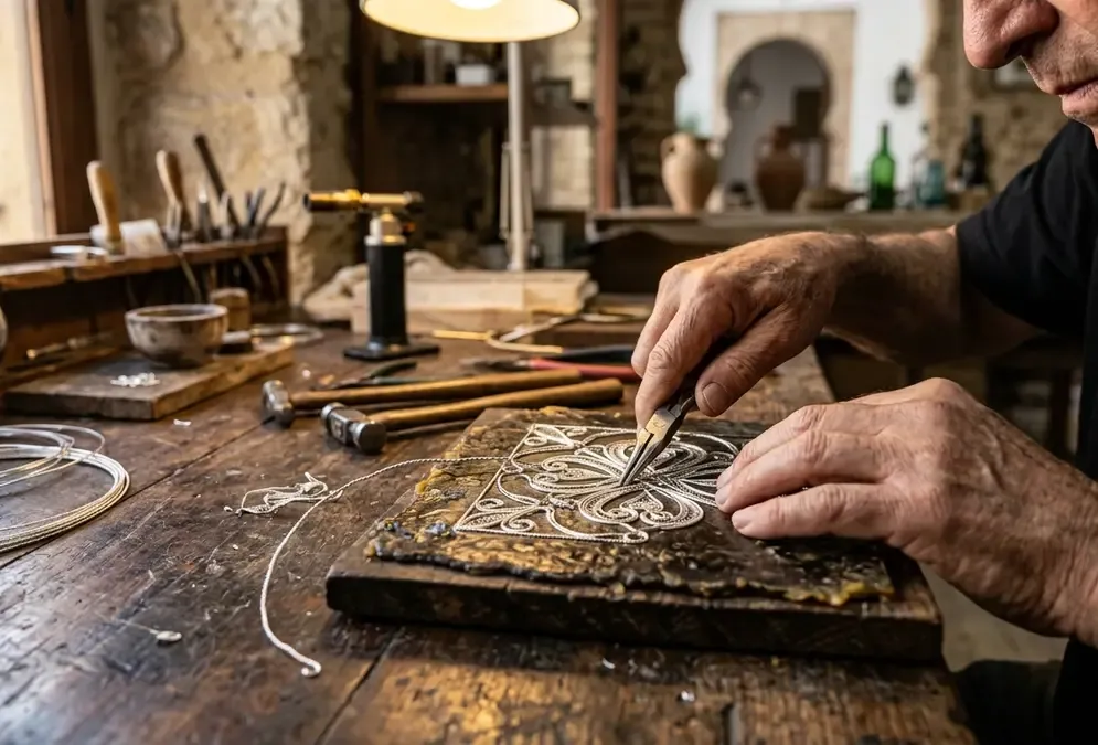 Artisan hands arranging twisted silver filigree wire into geometric arabesque patterns on a dark workbench in a Judería workshop in Córdoba, Spain, warm overhead light catching the fine silver threads against a beeswax board