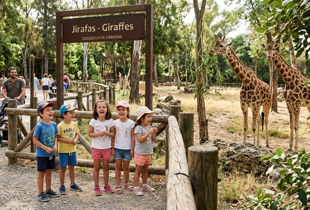 Two children point and laugh at a giraffe stretching its neck over the fence at Córdoba Zoo on a sunny afternoon