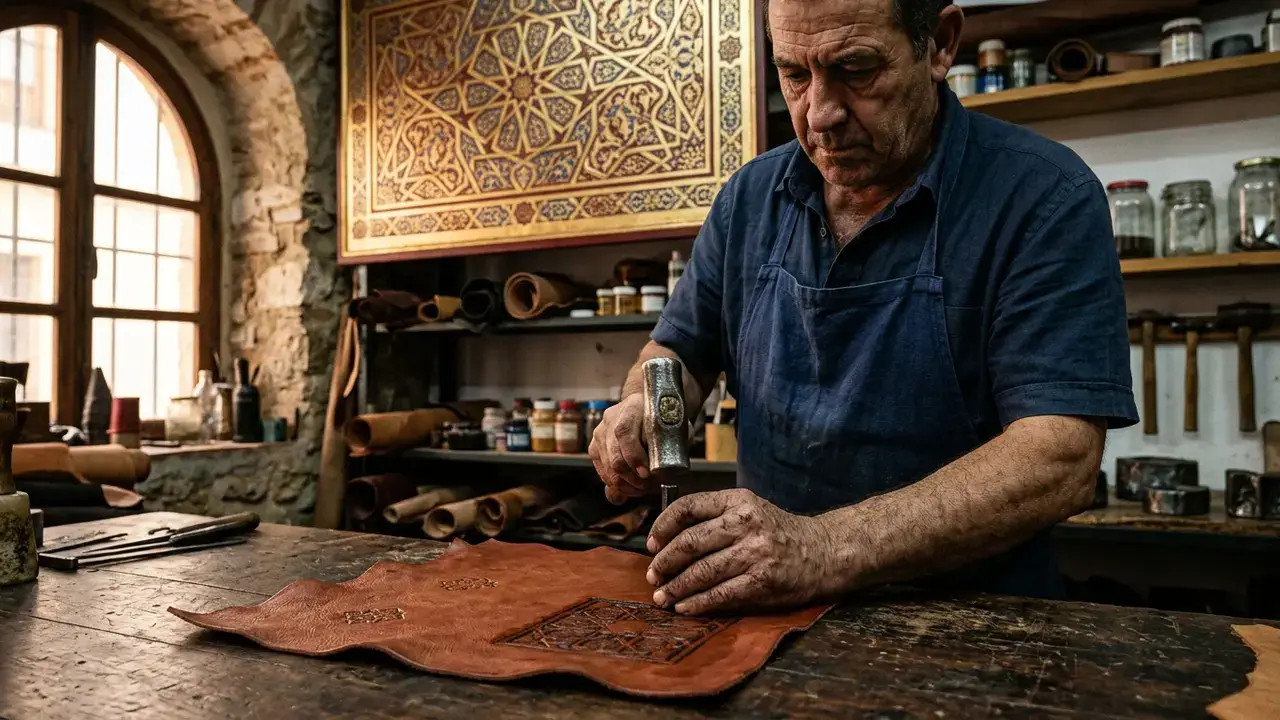 Artisan's hands tooling cordobán leather in a Córdoba workshop, iron stamp pressed into vegetable-tanned goatskin, guadamecí gilded leather panel with Islamic geometric patterns visible in the background, warm workshop light