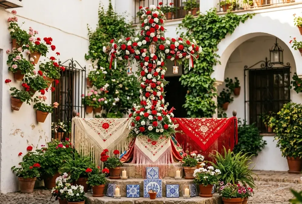Decorated May Cross covered in red and white carnations with Manila shawls draped around the base, set in a whitewashed Córdoba courtyard