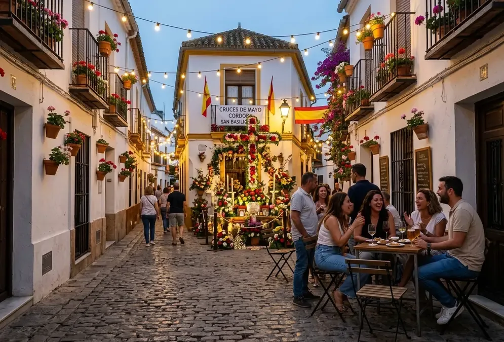 Evening scene in San Basilio neighbourhood during Cruces de Mayo, illuminated flower cross on a narrow cobblestone street with tapas bar tables