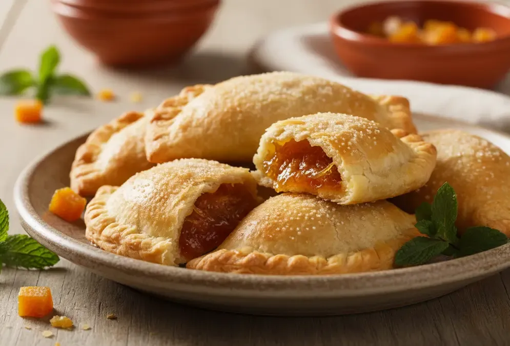 Empanadas cordobesas on a wooden counter — one cut open to reveal cabello de ángel filling