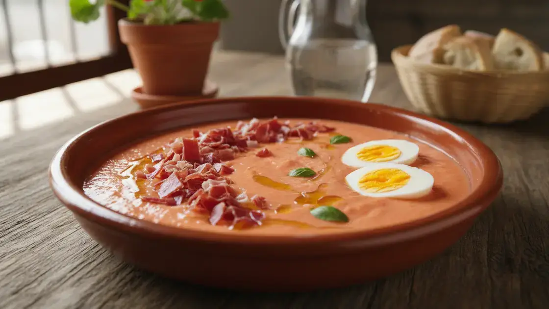 Bowl of creamy Cordovan salmorejo garnished with hard-boiled egg and serrano ham, the highlight of the food tour