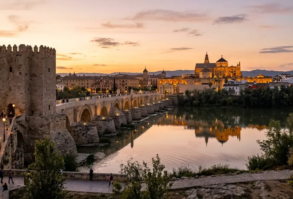 The Roman Bridge of Córdoba with the Mezquita-Catedral reflected in the Guadalquivir at sunset
