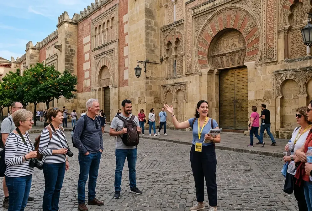 Free walking tour group at the Mezquita-Cathedral entrance in Córdoba