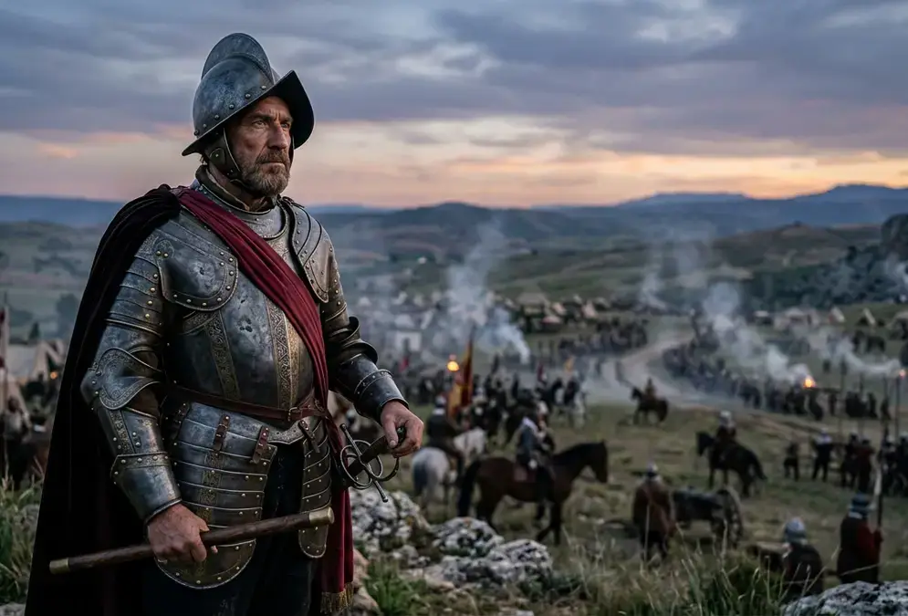 Dramatic photorealistic portrait scene of a Spanish Renaissance general in 16th-century armor surveying a battlefield, gran capitan Gonzalo Fernandez de Cordoba, Andalusian landscape at dusk, oil-painting mood