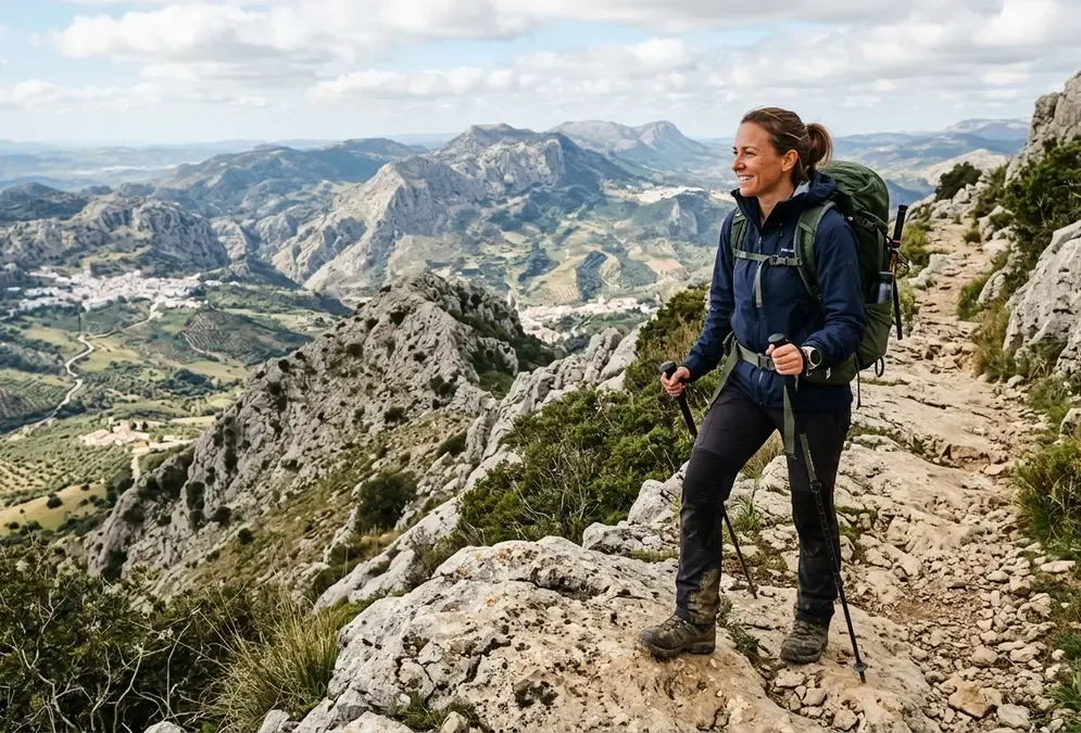 Hiker on a limestone trail above the Subbética natural park, Córdoba province, Spain
