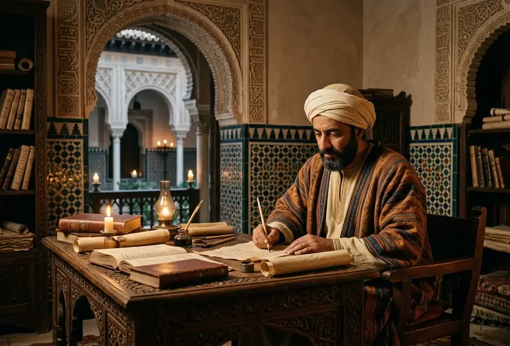 Ibn Hazm writing the Ring of the Dove in medieval Al-Andalus Córdoba, scholar at a candlelit desk with Arabic manuscript and quill, warm ochre tones, photorealistic