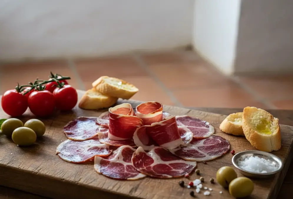Thin slices of Jamón Ibérico on a wooden board, showing the characteristic marbled fat, Córdoba
