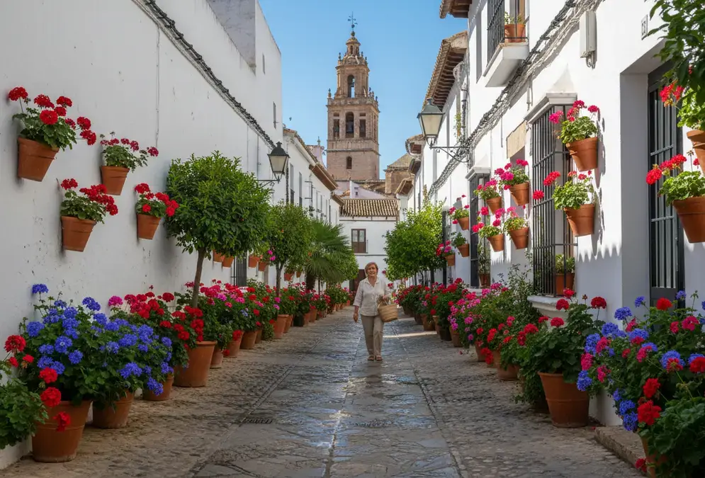 Narrow whitewashed alley in Córdoba's Jewish quarter with flower pots