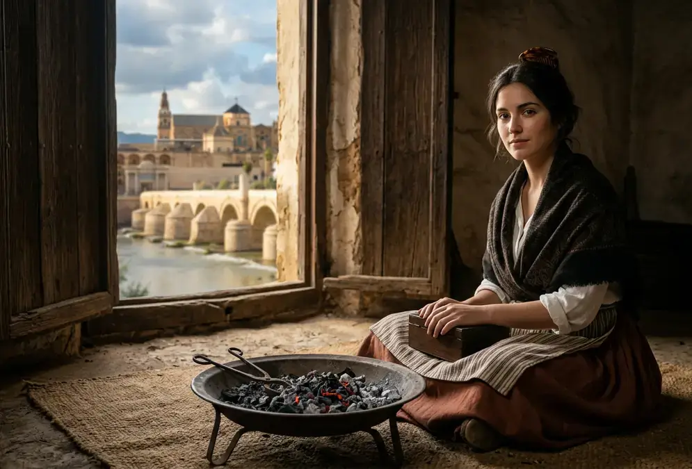 La Chiquita Piconera by Julio Romero de Torres (1930), oil painting of a young Cordoban woman seated by a brazier with Córdoba's Roman Bridge and river visible through a half-open door behind her, photorealistic scene with honey-toned light