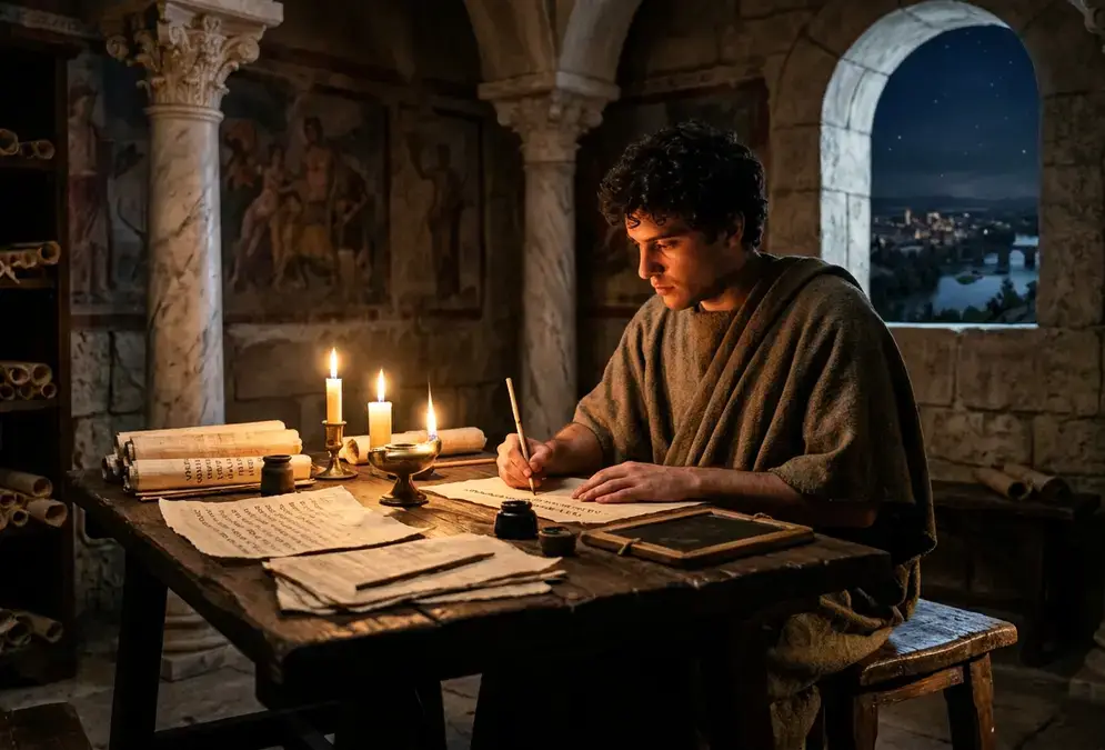 A young Roman poet writing by candlelight in a marble-columned Roman study, papyrus scrolls open on a table, dramatic chiaroscuro shadows, classical Cordoban Roman setting, photorealistic, lucan poet cordoba