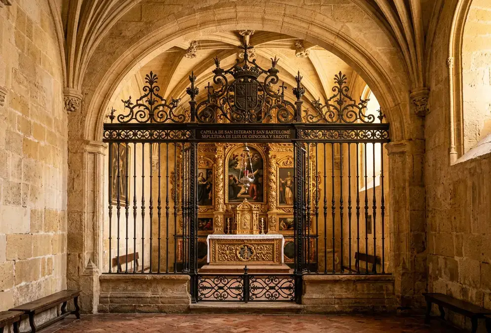 Baroque chapel interior in the Mezquita-Catedral of Córdoba showing the iron grille of the Capilla de San Esteban y San Bartolomé, burial place of luis de góngora, warm stone walls in golden side-light
