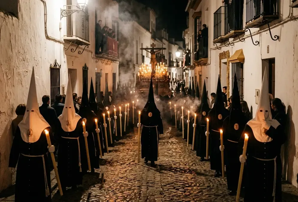 Hooded penitents carrying candles through narrow medieval streets during La Madrugada in Córdoba
