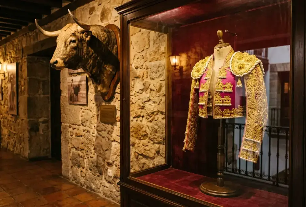 Gold and magenta bullfighting suit of lights displayed behind glass in a dimly lit museum, with a mounted bull's head visible on the wall behind, red velvet lining the display cases