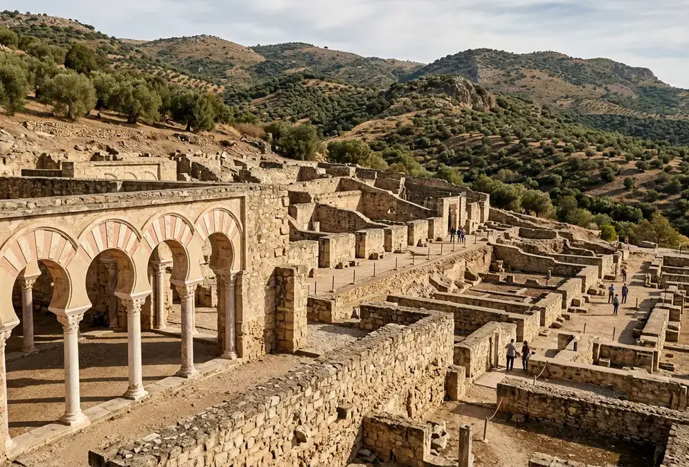Aerial view of the Medina Azahara archaeological site near Córdoba, medina azahara history discovery, three terraces cut into the Sierra hillside with the Salón Rico arches partially restored, surrounding unexcavated land extending to the horizon, photorealistic warm afternoon light