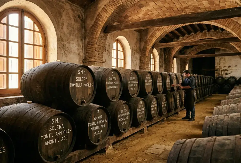 Oak barrels in a sunlit Montilla bodega aging montilla-moriles wine in the solera system, Córdoba province, Andalusia