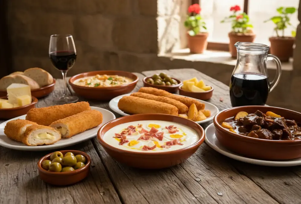 Array of traditional Córdoban dishes including salmorejo, flamenquín and rabo de toro on a rustic table