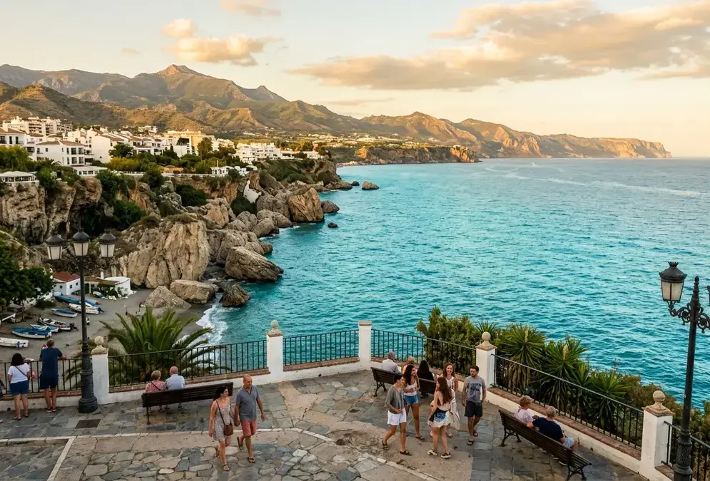 Balcón de Europa promenade in Nerja overlooking the Mediterranean coast, Andalusia, Spain