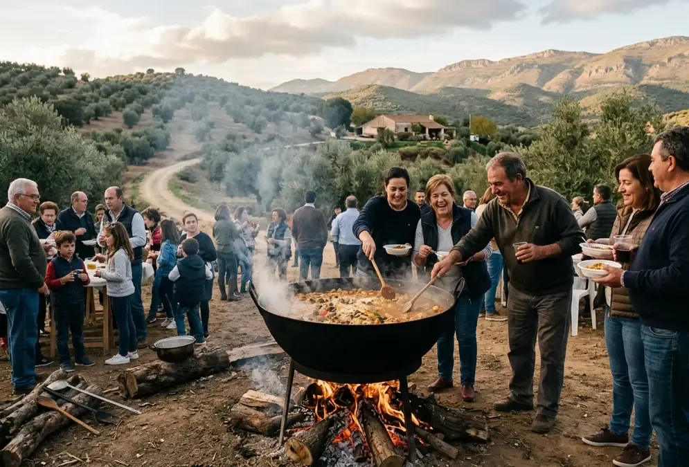perol cordobes tradition Cordoba countryside scene, large hemispherical iron pot over wood fire, families gathered around on San Rafael Day October 24, smoke rising against olive groves and sierra hills in Andalusia