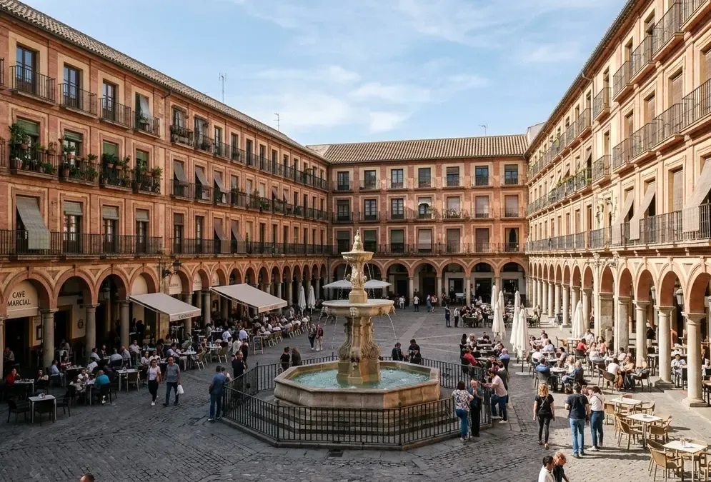 Plaza de la Corredera in Córdoba, rectangular Baroque arcaded square with ochre facades and a central octagonal fountain on a sunny afternoon, plaza de la corredera history