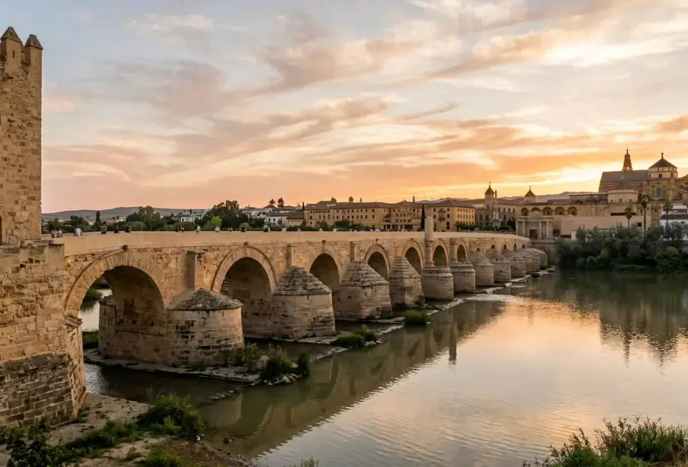 The Puente Romano of Córdoba from the south bank of the Guadalquivir at golden hour, sixteen arches spanning the river, the Mezquita-Catedral tower visible behind, roman bridge cordoba history