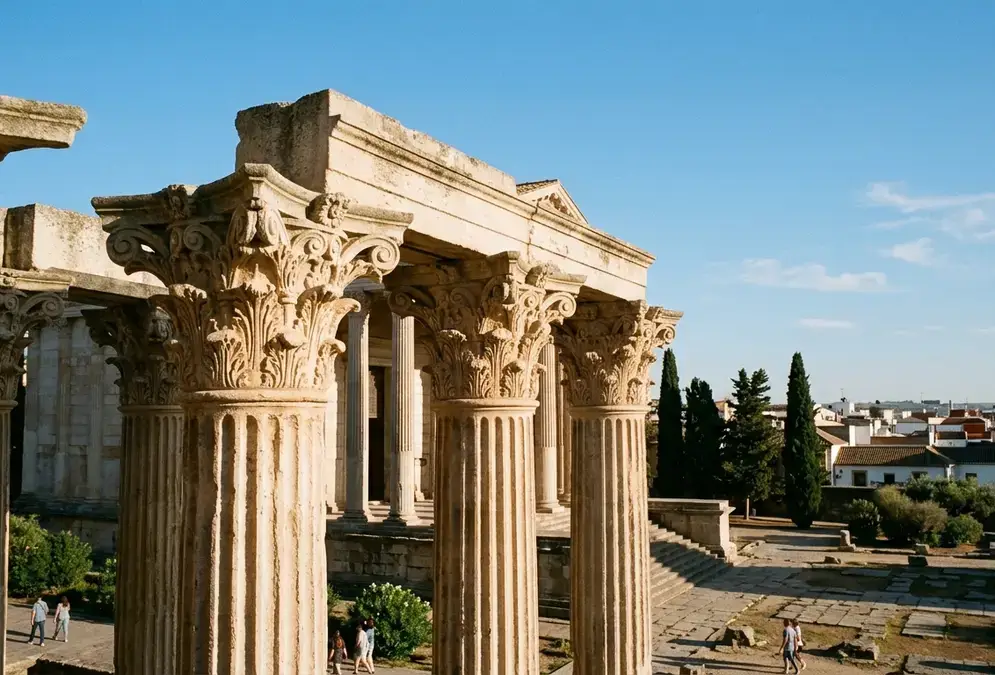 Corinthian column capitals of the reconstructed Roman temple in Córdoba catching afternoon light against a clear blue sky, roman temple cordoba discovery