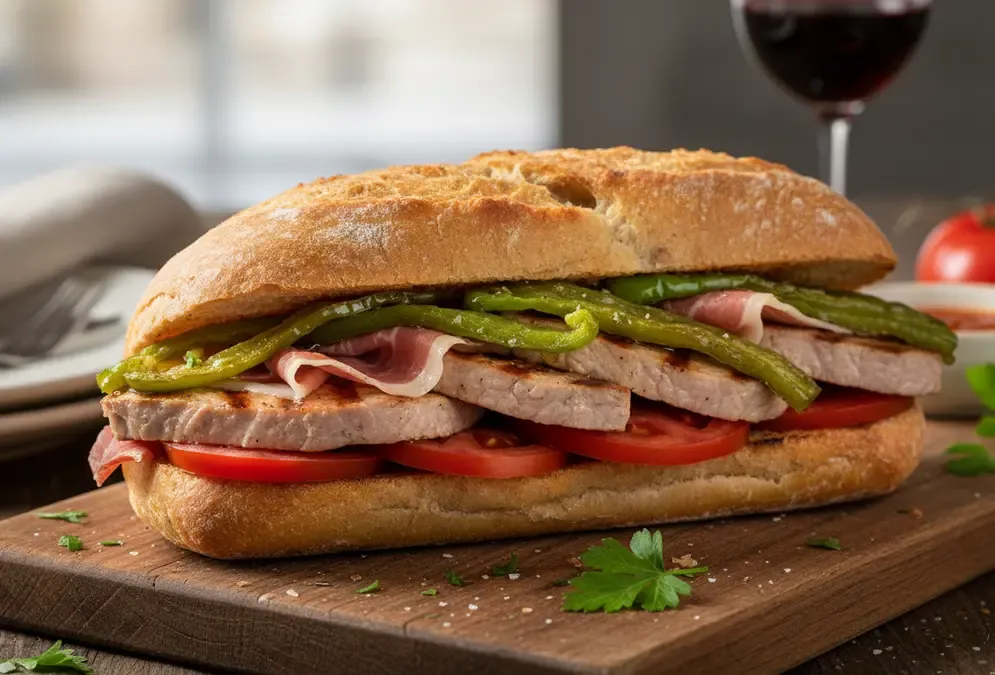 Serranito bocadillo — grilled pork loin, serrano ham and fried green pepper in a crusty roll