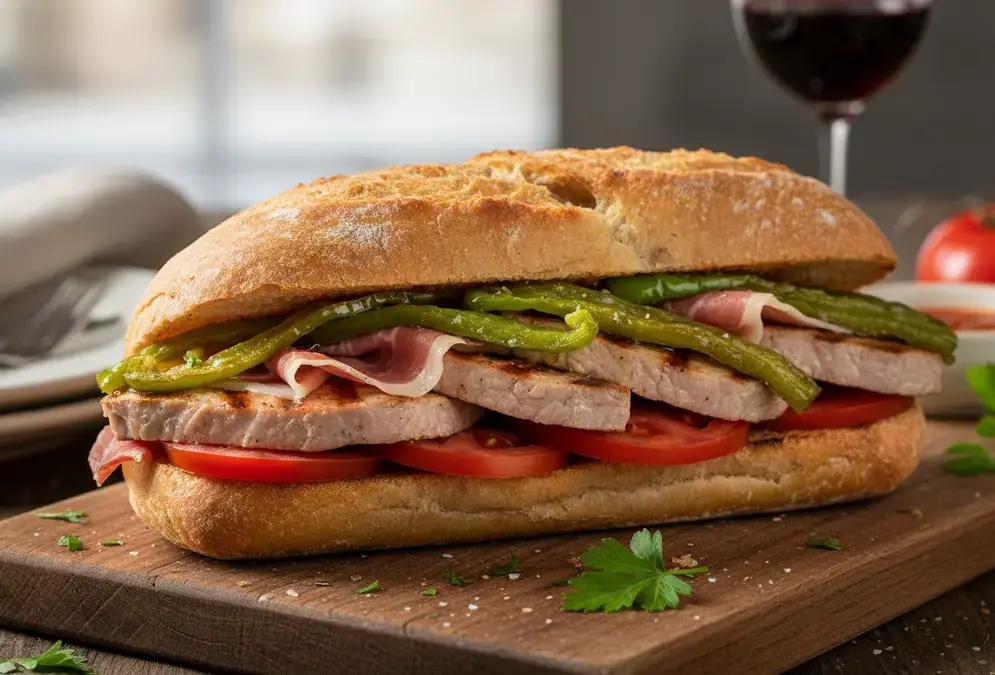 Serranito bocadillo — grilled pork loin, serrano ham and fried green pepper in a crusty roll