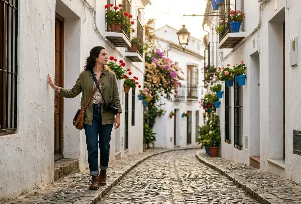 Solo traveler walking the narrow cobblestone alleys of the Judería at golden hour, Córdoba
